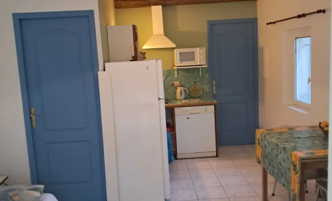 Pièce de vie coins cuisine murs vert 